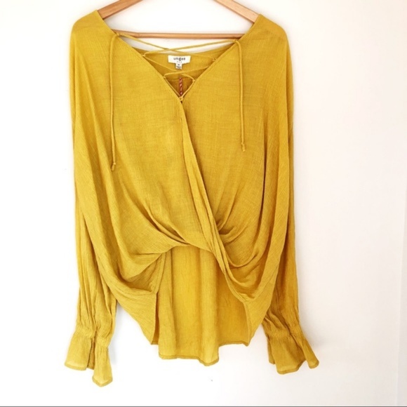 Boutique Tops - Strappy Marigold Bell Sleeve Boho Wrap Style Top